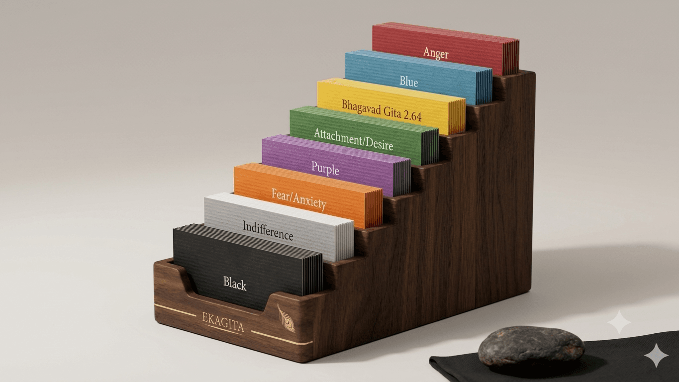 The EKAgita box, open, showing eight color-coded verse-card stacks